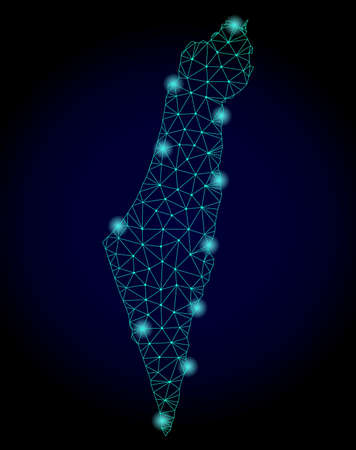 Glossy polygonal mesh map of Israel. Abstract mesh lines, triangles, light spots and points on dark background with map of Israel.の写真素材