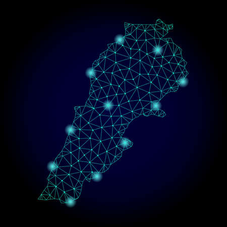 Glossy polygonal mesh map of Lebanon. Abstract mesh lines, triangles, light spots and points on dark background with map of Lebanon.の写真素材