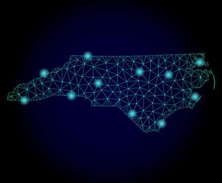 Glossy polygonal mesh map of North Carolina State. Abstract mesh lines, triangles, light spots and points on dark background with map of North Carolina State.の写真素材