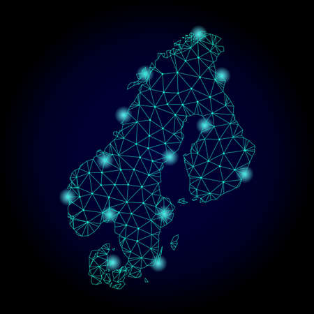 Glossy polygonal mesh map of Scandinavia. Abstract mesh lines, triangles, light spots and points on dark background with map of Scandinavia.の写真素材
