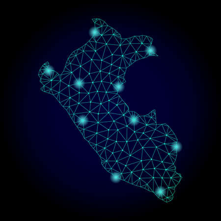 Glossy polygonal mesh map of Peru. Abstract mesh lines, triangles, light spots and points on dark background with map of Peru.の写真素材