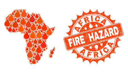 Fire hazard collage of map of Africa burning and grunge seal. Map of Africa vector collage designed for fire insurance templates. Mosaic map of Africa designed with orange flame items.のイラスト素材