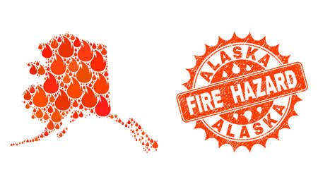 Fire hazard collage of map of Alaska State burning and scratched seal. Map of Alaska State vector collage designed for fire insurance illustrations.のイラスト素材