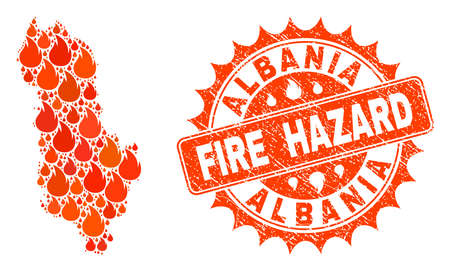 Fire hazard collage of map of Albania burning and rubber seal. Map of Albania vector collage created for fire insurance posters. Mosaic map of Albania designed with orange flame items.のイラスト素材