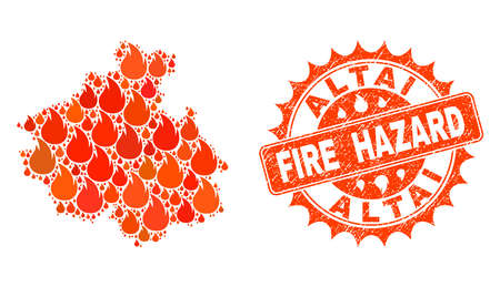 Fire hazard collage of map of Altai Republic burning and scratched seal. Map of Altai Republic vector collage formed for fire insurance templates.のイラスト素材