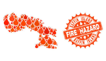 Fire hazard collage of map of Baffin Island burning and unclean stamp seal. Map of Baffin Island vector collage designed for fire insurance posters.のイラスト素材