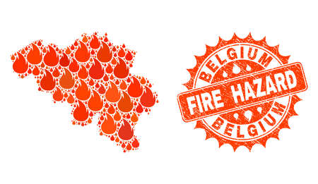 Fire hazard composition of map of Belgium burning and rubber seal. Map of Belgium vector collage designed for fire insurance templates. Mosaic map of Belgium designed with colored flame items.のイラスト素材