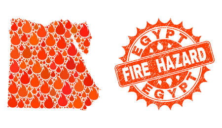 Fire hazard combination of map of Egypt burning and textured stamp. Map of Egypt vector collage designed for fire insurance purposes. Mosaic map of Egypt designed with orange flame items.のイラスト素材