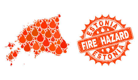 Fire hazard collage of map of Estonia burning and rubber stamp seal. Map of Estonia vector collage composed for fire insurance templates. Mosaic map of Estonia constructed with colorful flame items.のイラスト素材