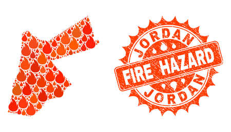 Fire hazard combination of map of Jordan burning and rubber stamp. Map of Jordan vector collage designed for fire insurance illustrations. Mosaic map of Jordan designed with orange flame items.のイラスト素材