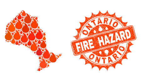 Fire hazard collage of map of Ontario Province burning and dirty seal. Map of Ontario Province vector collage composed for fire insurance templates.のイラスト素材