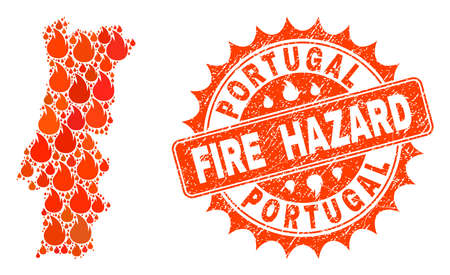 Fire hazard collage of map of Portugal burning and rubber seal. Map of Portugal vector collage created for fire insurance templates. Mosaic map of Portugal constructed with bright flame items.のイラスト素材