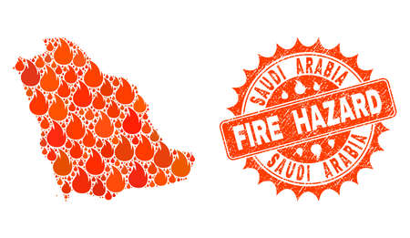 Fire hazard composition of map of Saudi Arabia burning and textured stamp seal. Map of Saudi Arabia vector collage designed for fire insurance purposes.のイラスト素材