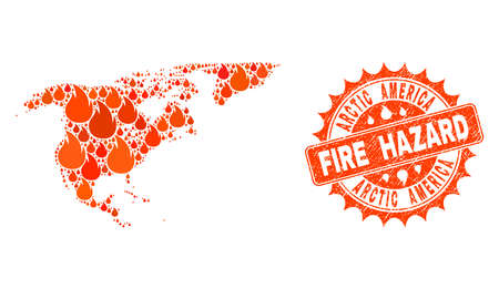 Fire hazard collage of map of North America and Greenland burning and textured stamp. Map of North America and Greenland vector collage formed for fire insurance templates.のイラスト素材