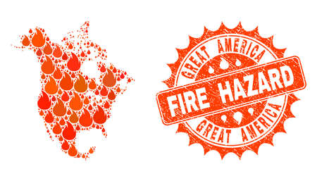 Fire hazard collage of map of North America burning and scratched stamp seal. Map of North America vector collage designed for fire insurance illustrations.のイラスト素材