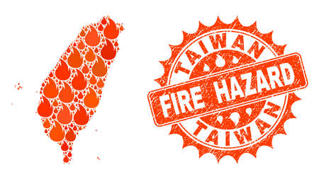 Fire hazard collage of map of Taiwan burning and scratched seal. Map of Taiwan vector collage created for fire insurance illustrations. Mosaic map of Taiwan designed with bright flame items.のイラスト素材
