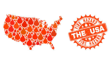 Fire hazard collage of map of USA burning and unclean stamp seal. Map of USA vector collage designed for fire insurance illustrations. Mosaic map of USA designed with colored flame items.のイラスト素材