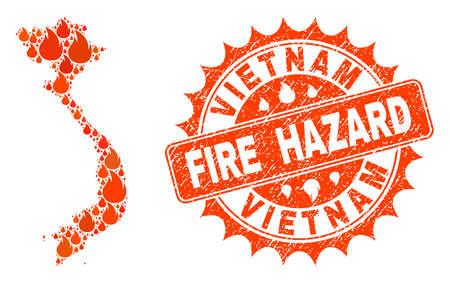 Fire hazard collage of map of Vietnam burning and textured stamp seal. Map of Vietnam vector collage designed for fire insurance posters. Mosaic map of Vietnam designed with orange flame items.のイラスト素材