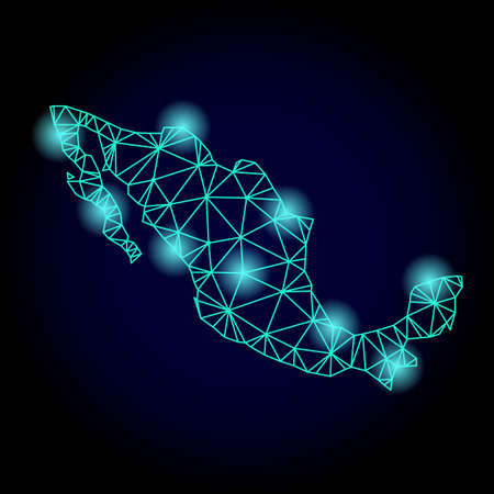 Glossy polygonal mesh map of Mexico with glare effect. Abstract mesh lines, triangles, light spots and points on dark background with map of Mexico.の写真素材