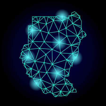 Glossy polygonal mesh map of Sudan with glare effect. Abstract mesh lines, triangles, light spots and points on dark background with map of Sudan.の写真素材