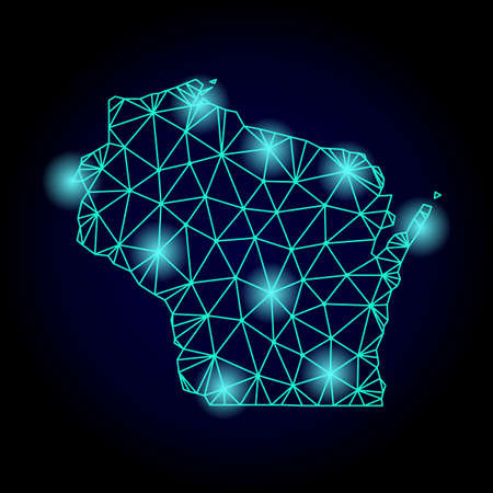 Glossy polygonal mesh map of Wisconsin State with glow effect. Abstract mesh lines, triangles, light spots and points on dark background with map of Wisconsin State.の写真素材