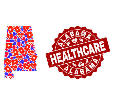 Healthcare combination of bright medical mosaic map of Alabama State and scratched seal. Vector red seal with scratched rubber texture and Healthcare caption.のイラスト素材