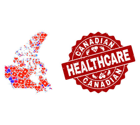 Healthcare combination of bright medical mosaic map of Canada and rubber seal stamp. Vector red seal with scratched rubber texture and Healthcare caption.のイラスト素材