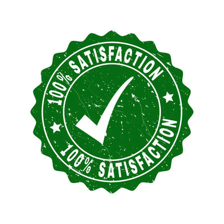 Vector 100% Satisfaction grunge stamp seal with tick inside. Green 100% Satisfaction imprint with grainy surface. Round rubber stamp imprint.のイラスト素材