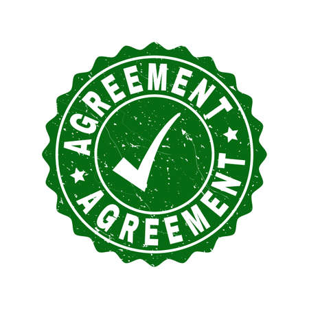 Vector Agreement scratched stamp seal with tick inside. Green Agreement imprint with draft surface. Round rubber stamp imprint.のイラスト素材