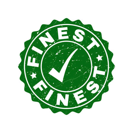 Vector Finest scratched stamp seal with tick inside. Green Finest imprint with draft surface. Round rubber stamp imprint.のイラスト素材