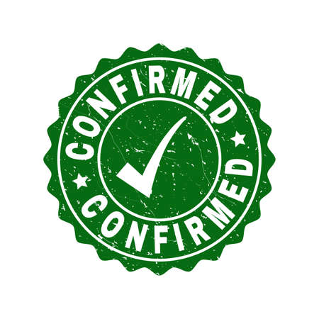 Vector Confirmed scratched stamp seal with tick inside. Green Confirmed imprint with distress texture. Round rubber stamp imprint.のイラスト素材