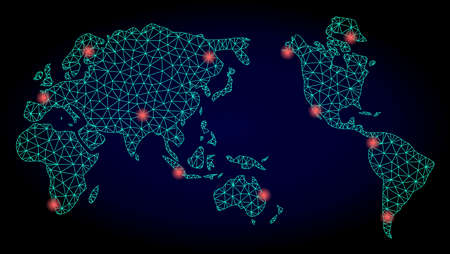 Mesh raster map of Earth v3 with glare effect. Red abstract lines, light spots and points on a dark...
