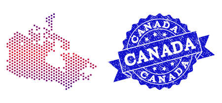 Geographic combination of dotted map of Canada and grunge seal. Mosaic vector map of Canada formed with square dots and gradient from blue to red color. Flat design for political posters.のイラスト素材