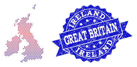 Geographic collage of dotted map of Great Britain and Ireland and grunge stamp. Mosaic vector map of Great Britain and Ireland formed with square dots and gradient from blue to red color.のイラスト素材