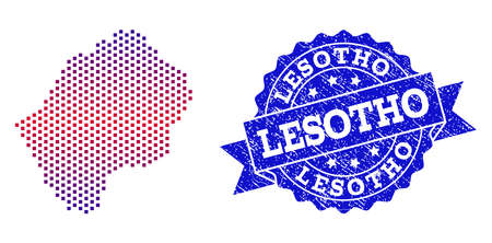 Geographic combination of dotted map of Lesotho and grunge seal. Mosaic vector map of Lesotho formed with square dots and gradient from blue to red color. Flat design for political posters.のイラスト素材