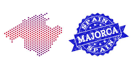 Geographic composition of dotted map of Majorca and grunge stamp. Mosaic vector map of Majorca created with square dots and gradient from blue to red color. Flat design for political posters.のイラスト素材