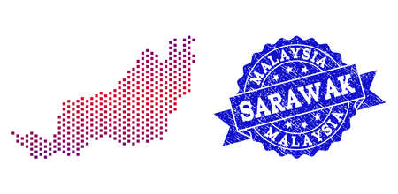Geographic collage of dotted map of Malaysian Sarawak and grunge seal. Mosaic vector map of Malaysian Sarawak composed with square dots and gradient from blue to red color.のイラスト素材
