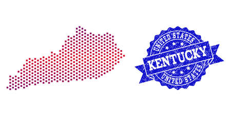 Geographic collage of dotted map of Kentucky State and grunge stamp. Mosaic vector map of Kentucky State composed with square dots and gradient from blue to red color.のイラスト素材
