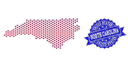 Geographic combination of dotted map of North Carolina State and grunge seal stamp. Mosaic vector map of North Carolina State composed with square dots and gradient from blue to red color.のイラスト素材