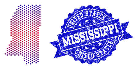 Geographic collage of dotted map of Mississippi State and grunge seal stamp. Mosaic vector map of Mississippi State composed with square dots and gradient from blue to red color.のイラスト素材