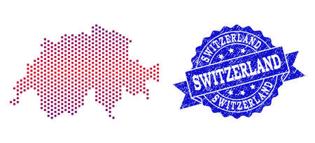 Geographic combination of dotted map of Switzerland and grunge seal stamp. Mosaic vector map of Switzerland formed with square dots and gradient from blue to red color.のイラスト素材