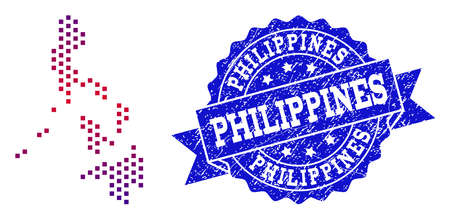 Geographic composition of dotted map of Philippines and grunge seal stamp. Mosaic vector map of Philippines composed with square dots and gradient from blue to red color.のイラスト素材