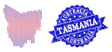 Geographic collage of dotted map of Tasmania Island and grunge stamp. Mosaic vector map of Tasmania Island created with square dots and gradient from blue to red color.のイラスト素材