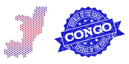 Geographic combination of dotted map of Republic of the Congo and grunge seal stamp. Mosaic vector map of Republic of the Congo composed with square dots and gradient from blue to red color.のイラスト素材