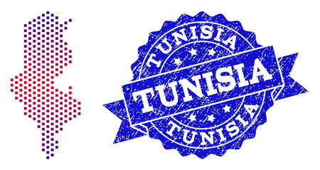 Geographic composition of dotted map of Tunisia and grunge seal. Mosaic vector map of Tunisia composed with square dots and gradient from blue to red color. Flat design for political posters.のイラスト素材