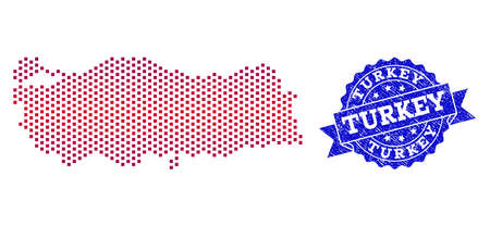 Geographic composition of dotted map of Turkey and grunge seal stamp. Mosaic vector map of Turkey designed with square dots and gradient from blue to red color.のイラスト素材