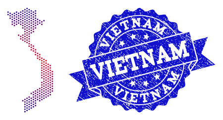 Geographic collage of dotted map of Vietnam and grunge seal. Mosaic vector map of Vietnam formed with square dots and gradient from blue to red color. Flat design for patriotic purposes.のイラスト素材