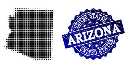 Geographic composition of dot map of Arizona State and blue grunge seal imprint. Halftone vector map of Arizona State formed with square mosaic items. Flat design for infographic posters.のイラスト素材