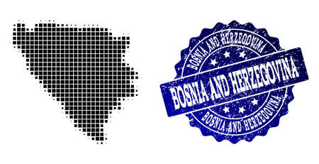 Geographic combination of dot map of Bosnia and Herzegovina and blue grunge seal watermark. Halftone vector map of Bosnia and Herzegovina created with rectangle dots.のイラスト素材