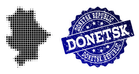 Geographic combination of dot map of Donetsk Republic and blue grunge seal watermark. Halftone vector map of Donetsk Republic designed with rectangular points. Flat design for patriotic posters.のイラスト素材